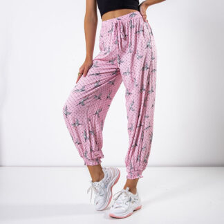 Pantaloni de harem pentru femei roz cu păsări - Îmbrăcăminte