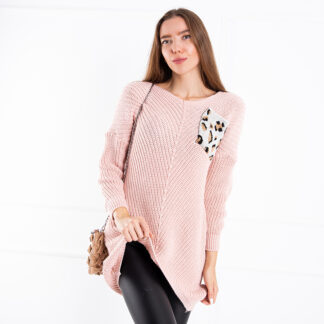 Pulover lung pentru femei de culoare roz deschis, cu buzunar cu model - Îmbrăcăminte
