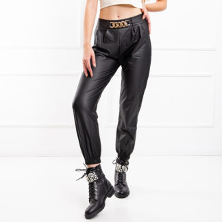 Pantaloni de jogging cu piele ecologică de culoare neagră pentru femei - Îmbrăcăminte