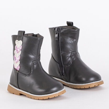 Cizme gri pentru fete cu partea superioară decorativă Nokimi-Shoes