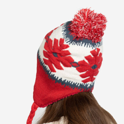 Pălărie roșie izolatoare de damă cu fulgi de zăpadă și pompoane - Accesorii