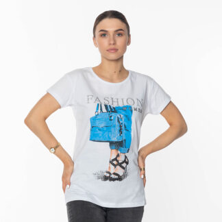 Tricou damă alb cu imprimeu FASHION- Îmbrăcăminte