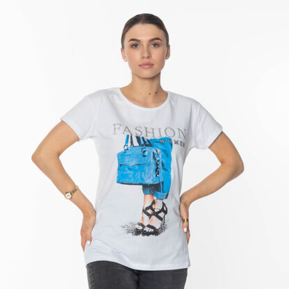 Tricou damă alb cu imprimeu FASHION- Îmbrăcăminte