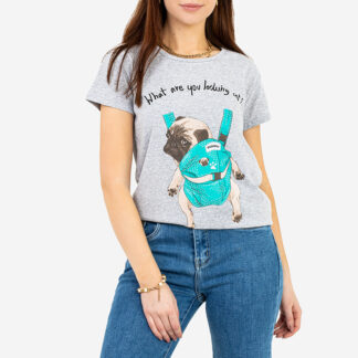 Tricou de damă gri cu imprimeu colorat - Îmbrăcăminte