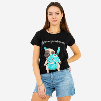 Tricou de damă negru cu imprimeu colorat - Îmbrăcăminte