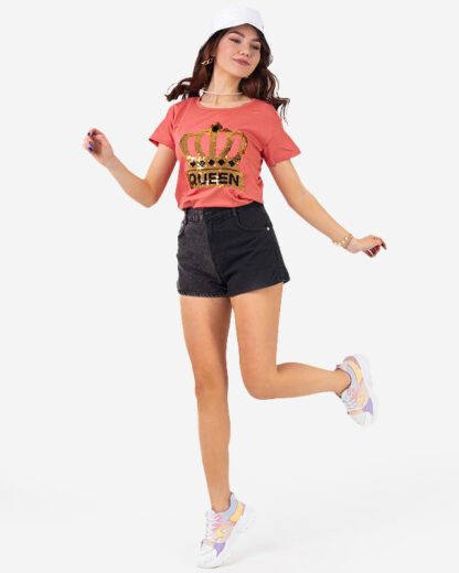 Tricou dama Coral cu coronita si paiete - Imbracaminte