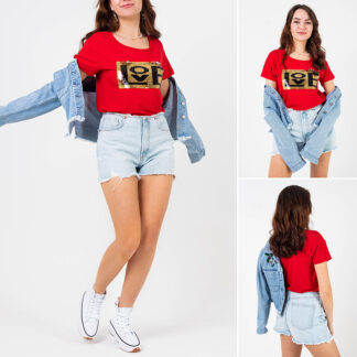 Tricou de dama rosu cu slogan si paiete - Imbracaminte