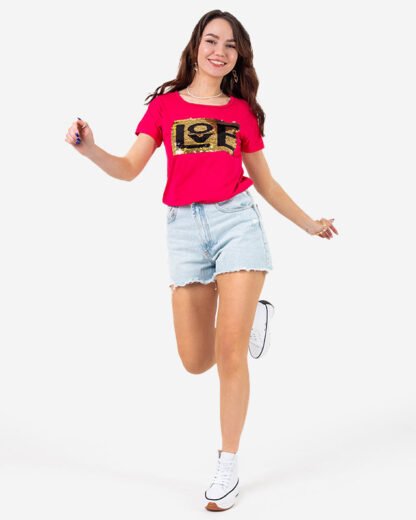 Tricou dama fucsia cu slogan si paiete - Imbracaminte