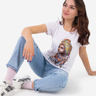 Tricou alb dama cu imprimeu colorat si paiete - Imbracaminte