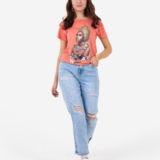 Tricou de dama portocaliu cu imprimeu colorat si paiete - Imbracaminte