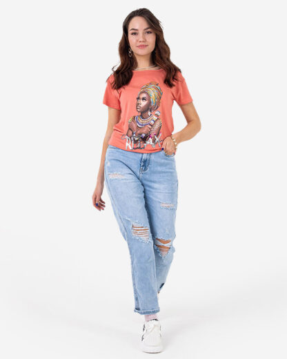Tricou de dama portocaliu cu imprimeu colorat si paiete - Imbracaminte