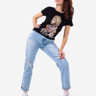 Tricou de dama negru cu imprimeu colorat si paiete - Imbracaminte