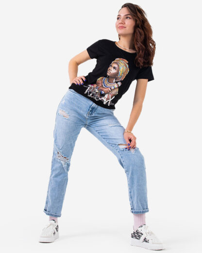 Tricou de dama negru cu imprimeu colorat si paiete - Imbracaminte