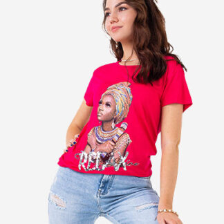 Tricou dama fucsia cu imprimeu colorat si paiete - Imbracaminte