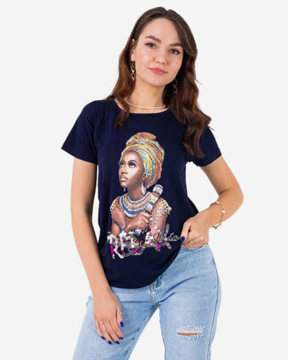 Tricou dama bleumarin cu imprimeu colorat si paiete - Imbracaminte