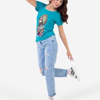 Tricou de dama albastru cu imprimeu colorat si paiete - Imbracaminte