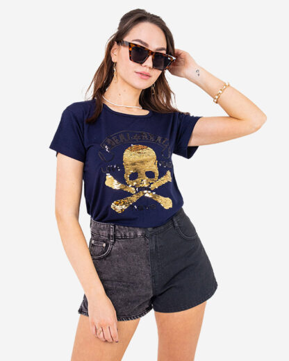 Tricou de damă bleumarin cu paiete și inscripții - Îmbrăcăminte