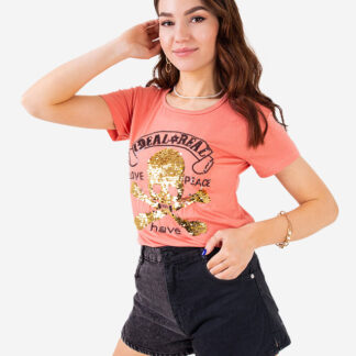 Tricou damă portocaliu din paiete cu inscripții - Îmbrăcăminte