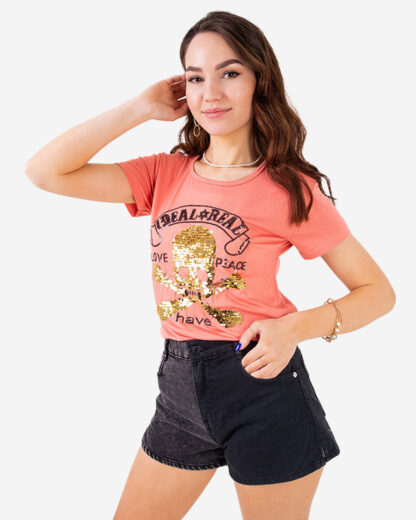 Tricou damă portocaliu din paiete cu inscripții - Îmbrăcăminte