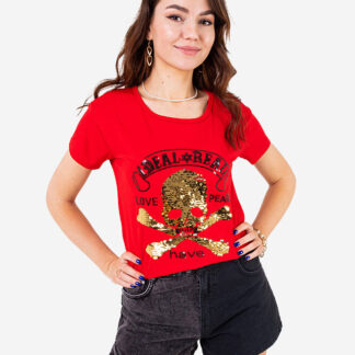 Tricou roșu de damă cu paiete și inscripții - Îmbrăcăminte