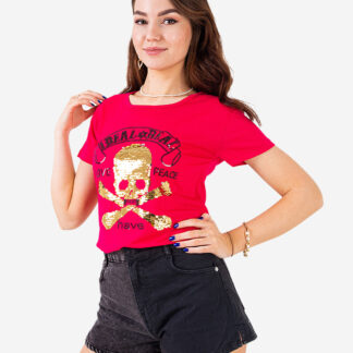 Tricou damă fucsia din paiete cu inscripții - Îmbrăcăminte