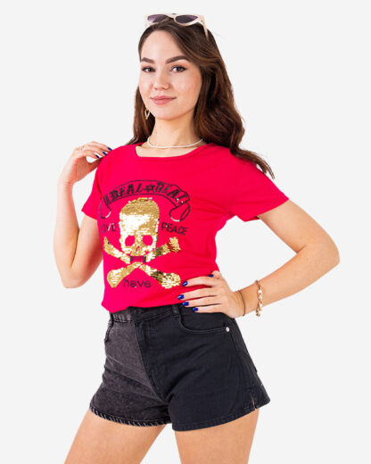 Tricou damă fucsia din paiete cu inscripții - Îmbrăcăminte