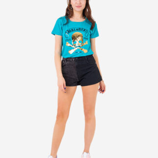 Tricou damă albastru din paiete cu inscripții - Îmbrăcăminte
