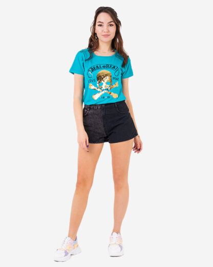 Tricou damă albastru din paiete cu inscripții - Îmbrăcăminte