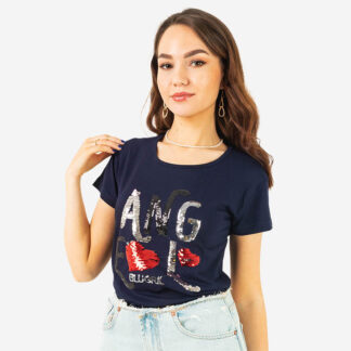 Tricou de damă bleumarin cu inscripție cu paiete - Îmbrăcăminte