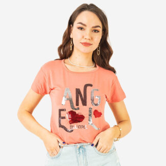 Tricou dama coral cu inscriptie din paiete - Imbracaminte