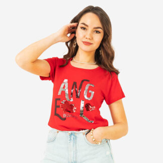Tricou roșu de damă cu inscripție cu paiete - Îmbrăcăminte