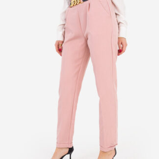 Pantaloni de dama din stofa roz cu curea - Imbracaminte