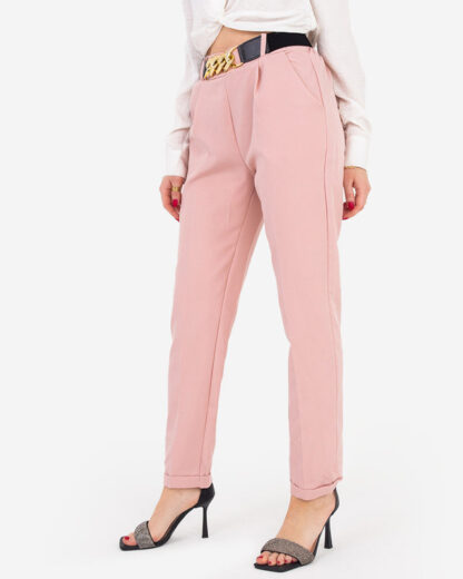 Pantaloni de dama din stofa roz cu curea - Imbracaminte