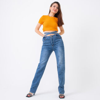 Blugi de damă boyfriendy blue din denim cu curea decorativă - Îmbrăcăminte