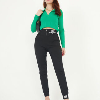 Pantaloni de damă din țesătură neagră cu inscripții decorative - Îmbrăcăminte