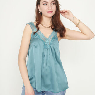 Tricou dama cu bretele din dantela de culoare verde inchis - Imbracaminte