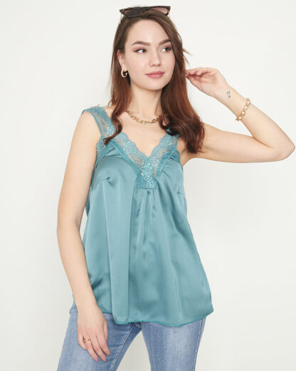 Tricou dama cu bretele din dantela de culoare verde inchis - Imbracaminte