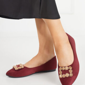 Balerini de dama din piele intoarsa ecologica bordeaux cu ornament Linselisa - Pantofi