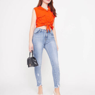 Bluză crop top portocalie prinsă cu nasturi - Îmbrăcăminte