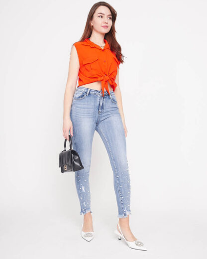 Bluză crop top portocalie prinsă cu nasturi - Îmbrăcăminte