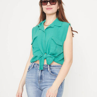 Bluză crop top verde închis, prinsă cu nasturi - Îmbrăcăminte