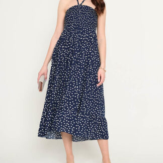 Rochie midi de damă bleumarin cu buline - Îmbrăcăminte