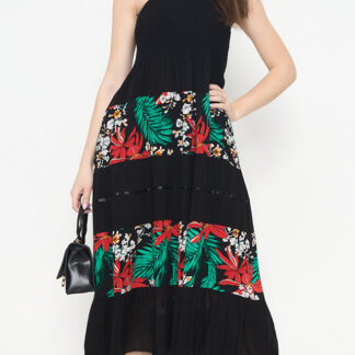 Rochie midi neagră cu flori de damă - Îmbrăcăminte