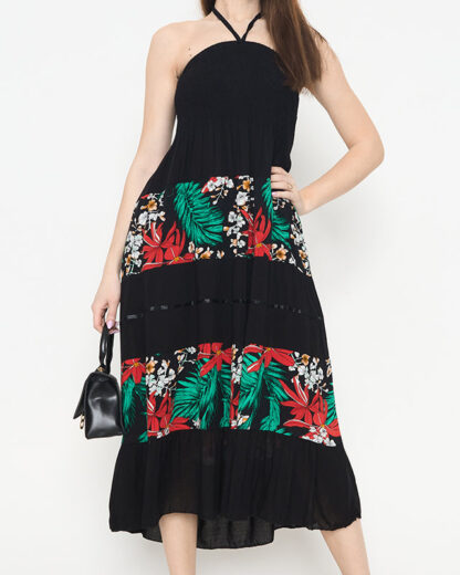 Rochie midi neagră cu flori de damă - Îmbrăcăminte