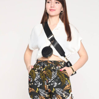 Pantaloni scurți de damă negri și portocalii cu model floral - Îmbrăcăminte