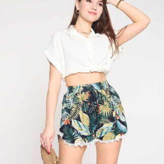 Pantaloni scurți verzi de damă cu model floral - Îmbrăcăminte