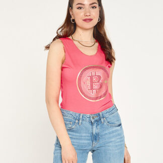 Top dama cu imprimeu auriu in roz neon - Imbracaminte