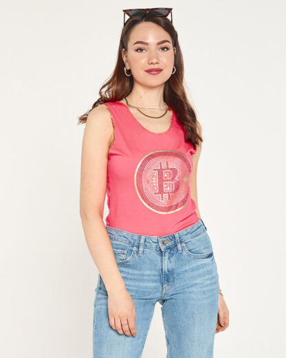 Top dama cu imprimeu auriu in roz neon - Imbracaminte