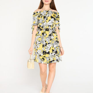 Rochie galbenă scurtă de damă florală- Îmbrăcăminte