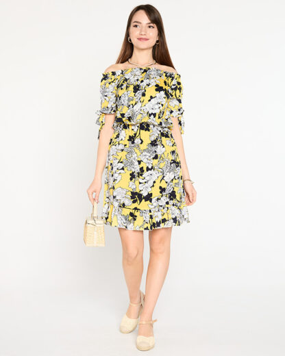 Rochie galbenă scurtă de damă florală- Îmbrăcăminte